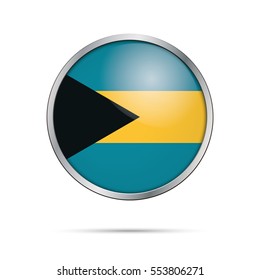 Botão vetor da bandeira das Bahamas. Estilo de botão de vidro de bandeira das Bahamas com moldura de metal.