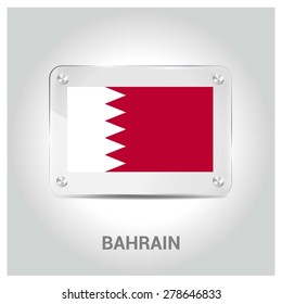 Vector Bahrain Flag glass plate with metal holders - Country name label in bottom - Gray background vector illustration
