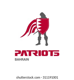 Vector Bahrain Flag Patriots Soldier Logo. Mascot Character Design. Memorial Day Army man with Shield. Vector Freedom Leader Logo illustration