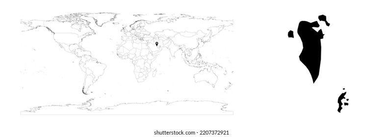 Vector Bahrain map showing country location on world map and solid map for Bahrain on white background. File is suitable for digital editing and prints of all sizes.