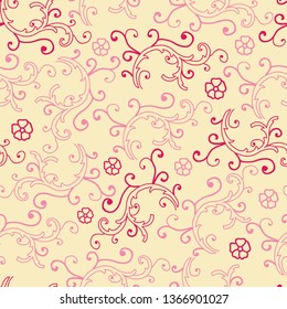 Vector Bail and floral design seamless pattern background in beige and pink color combination. Perfect for fabric, wrapping, scrap booking and many more surfaces.  