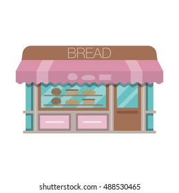 Vector bake shop detailed facade background. Bakery shop building facade with signboard - bread. Flat style illustration