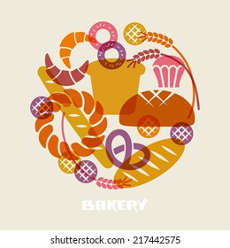 Vector baked goods icons. Set of flour products from bakery or pastry shop. Food sign. Illustration for print, web. Circle design element