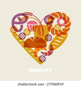 Vector baked goods icons. Set of flour products from bakery or pastry shop. Food heart sign. Illustration for print, web. Original design element