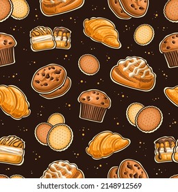 Vector Baked Goods Seamless Pattern, repeating background with set of cut out illustrations sweet bake, butter cookies, french sweets with custard creme and drizzle danish cinnabon on dark background