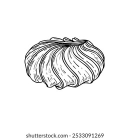 Vector baked meringue cookies or Meringa dessert monochrome flat painted by black ink. Food element line art illustration for package decor, menu, recipe, gift box, wedding design.