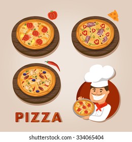 Vector. Baker , chef preparing a pizza for every taste. Logo  Italian cook 