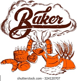 Vector Baker Logo, Cake, Gingerbread, Rolls, Buns, Bread, Flour Symbol. Scratchboard Illustration Style