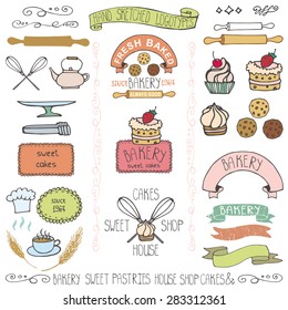 Vector Bakery Badges,Labels,logos.Vintage, Retro hand sketched doodles design elements (pie, wheat ear, cake icons,cookware).Doodle  Logotype maker template,cakery,baked sweet shop