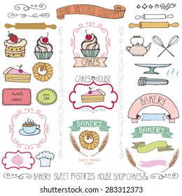 Vector Bakery Badges,Labels,logos.Vintage, Retro hand sketched doodles design elements (pie, wheat ear, cake icons,cookware).Doodle  Logotype maker template,cakery,baked sweet shop