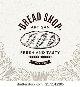 Vector bakery or bread vintage logo. Bakery design template for baked products branding and packaging. Vector bread illustration