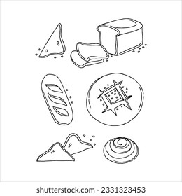 vector, bakery, bread, wheat, food, illustration, toast, loaf, set, isolated, breakfast, design, collection, pastry, icon, background, bake, bagel, white hand drawn doodle illustrations vector set