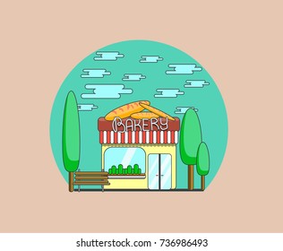 Vector bakery building with trees, benches and clouds