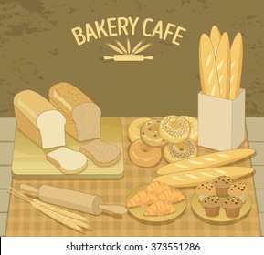 Vector the bakery cafe.The bakery products display with rolling pin and wheat decoration tartan table map on the table.