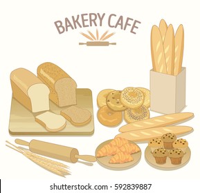 Vector the bakery cafe.The bakery products display with rolling pin on isolated background.