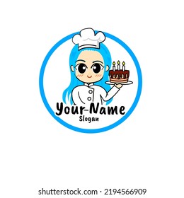 vectorial panadería chica con pastel en traje de chef logotipo