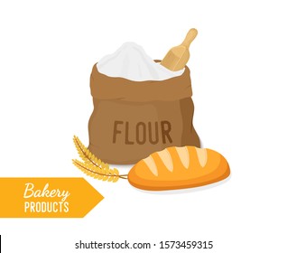 Vector bakery concept - flour in cloth sack, bag with long loaf and spikelets. Cartoon flat style.