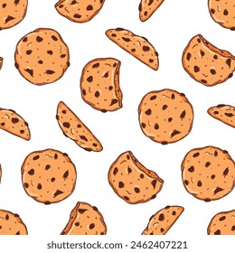 Vector bakery and confectionery seamless pattern template. Hand drawn oat cookies with chocolate chip