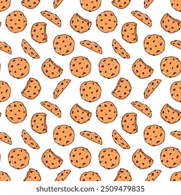 Vector bakery and confectionery seamless pattern template. Hand drawn oat cookies with chocolate chip