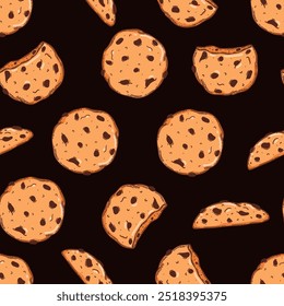 Vector bakery and confectionery seamless pattern template. Hand drawn oat cookies with chocolate chip