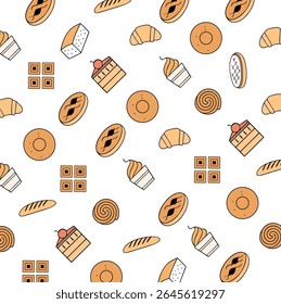 Modelo padrão sem emenda de padaria e confeitaria vetorial. donut, cookie, cupcake, cheesecake, croissant, tart, line art