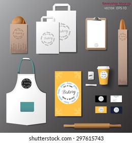 Vector bakery corporate branding identity template design set. Take away mock up 