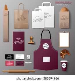 Vector bakery corporate branding identity template design set. Take away mock up
