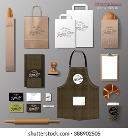 Vector bakery corporate branding identity template design set. Take away mock up

