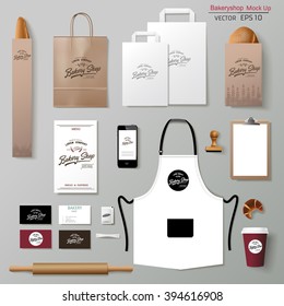 Vector bakery corporate branding identity template design set. Take away mock up