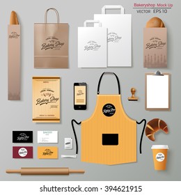 Vector bakery corporate branding identity template design set. Take away mock up