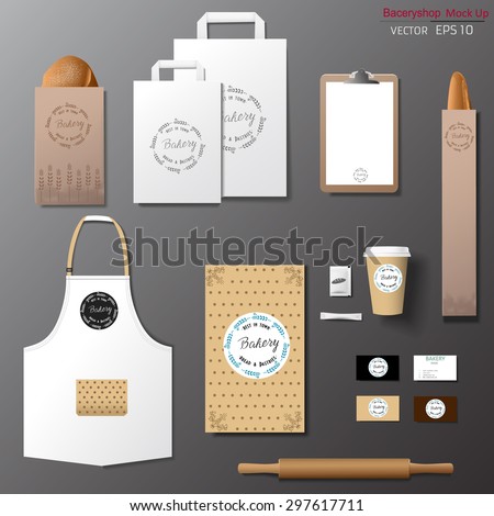 Vector bakery corporate branding identity template design set. Take away mock up 