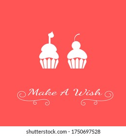 Vector Bakery Cupcake With Candle , Cherry And Text Make A Wish On White