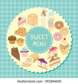 Vector bakery and dairy products sweet menu with aqua color tartan background.
