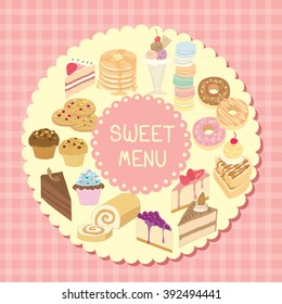 Vector bakery and dairy products sweet menu with pink tartan background.