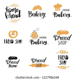 Vector Bakery, dessert shop or bakehouse logo set, tag or label design. Text and symbols on white background. Home baking logotype lettering phrase