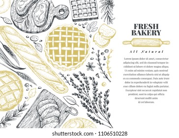 Vector bakery hand drawn illustration. Background with bread and pastry. Retro design template. Can be use for menu, packaging.