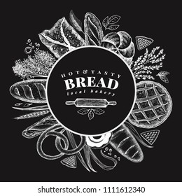 Vector bakery hand drawn illustration on chalk board. Background with bread and pastry. Retro design template. Can be use for menu, packaging.