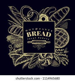 Vector bakery hand drawn illustration. Background with bread and pastry. Retro design template. Can be use for menu, packaging.