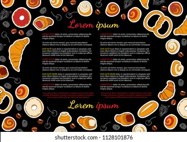 Vector bakery hand drawn illustration. Template with bread and pastry. For your design, announcements, postcards, posters, restaurant menu