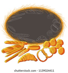 Vector bakery hand drawn illustration. Template with bread and pastry.
