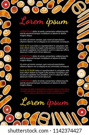 Vector bakery hand drawn illustration. Template with bread and pastry. For your design, announcements, postcards, posters, restaurant menu.