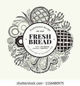 Vector bakery hand drawn illustration. Background with bread and pastry. Retro design template. Can be use for menu, packaging.