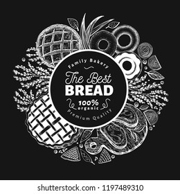 Vector bakery hand drawn illustration. Background with bread and pastry on chalk board. Vintage design template. Can be use for menu, packaging.