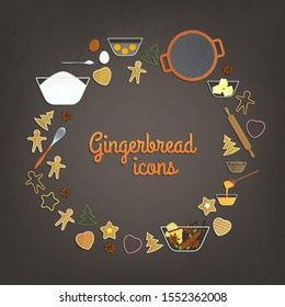 Vector bakery icon set. Gingerbread cookies, kitchenwares and gingerbread ingredients in circle shape. Colorful cartoon bakery signs collection for Christmas cards and your other own projects. EPS10.