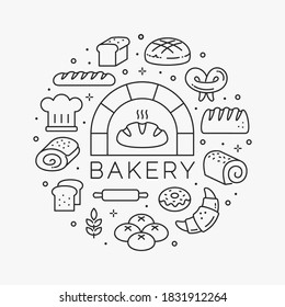 Vector bakery icons in circle shape. Fresh bread in oven illustration isolated on white. Thin line backdrop design.