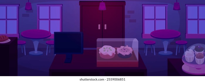 Vector bakery interior at night. A showcase with pies, cupcakes and sweets. There are tables and chairs, a cash register and a counter along the stone walls of the cafe.