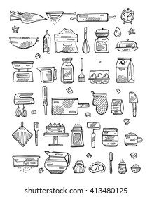 Vector bakery  kitchen cooking tools retro icons set . Vintage Illustration. Sketch.Hand draw outline icons set of kitchen tools,baking graphic elements for web site design,cook book and recipes.