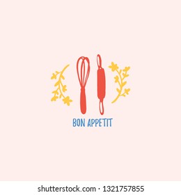 vector bakery label. Graphic logo for home baking. Monochrome kitchen attributes icon in hand draw, Doodle style.