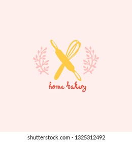 vector bakery label. Graphic logo for home baking. rolling pin and beater icon in hand draw, Doodle style.