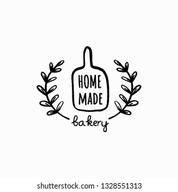 vector bakery label. Graphic logo for home baking. Monochrome kitchen attributes icon in hand draw, Doodle style.